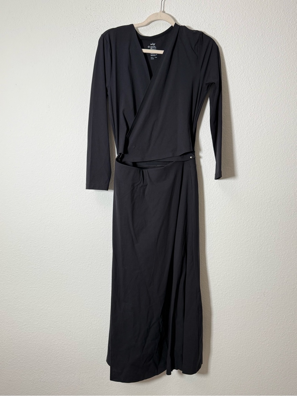 ADAY Destination Wrap Dress Black Long Sleeve Midi Maxi Dress M Cutout Waist